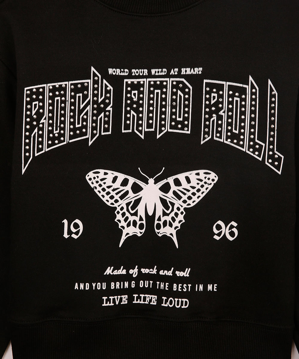 blusão de moletom juvenil rock and roll preto