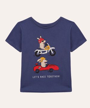 camiseta de algodão infantil cachorros com motos azul