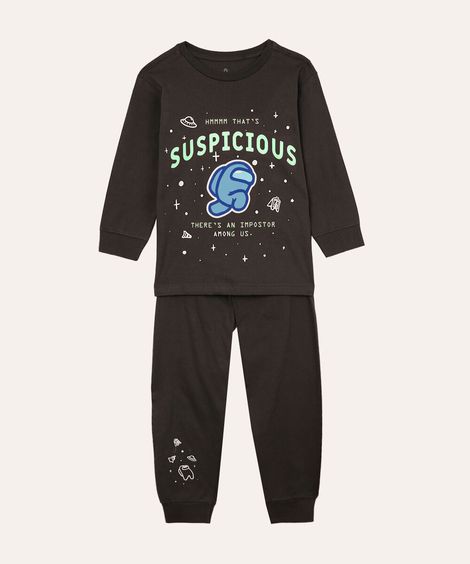 pijama de algodão infantil among us brilha no escuro cinza