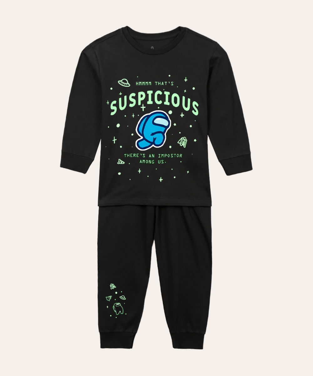 pijama de algodão infantil among us brilha no escuro cinza