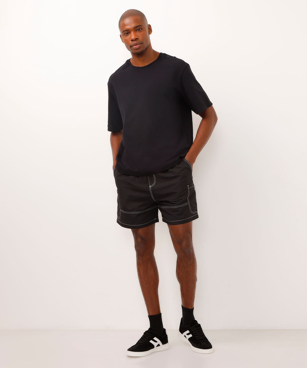 short cargo texturizado com cordão - preto