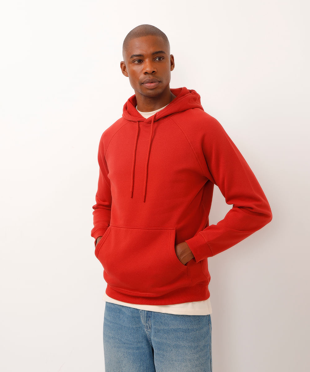blusão de moletom bolso canguru com capuz vermelho