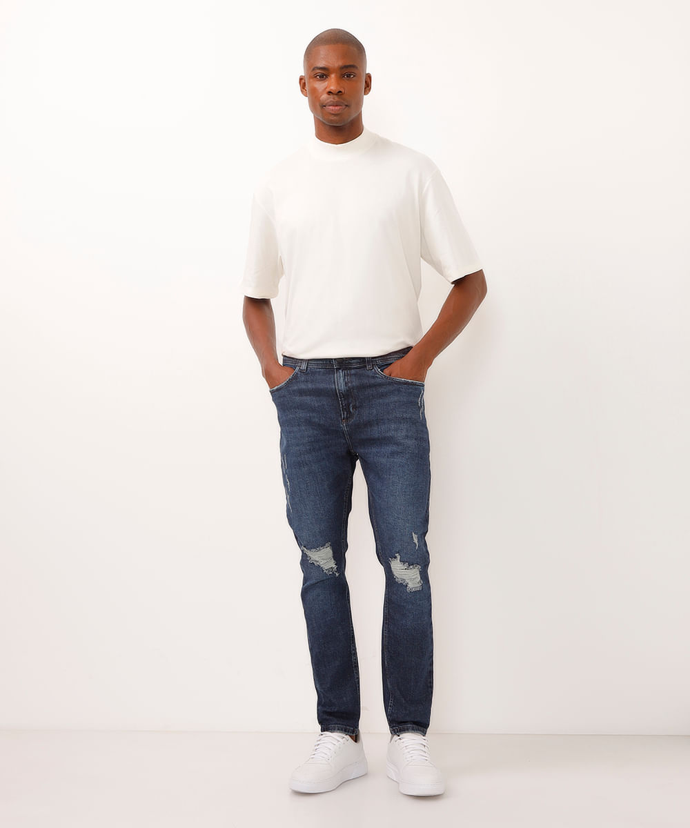 calça jeans carrot destroyed azul