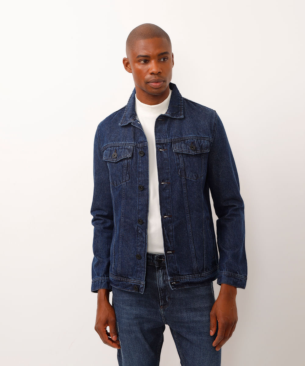jaqueta jeans com bolsos azul