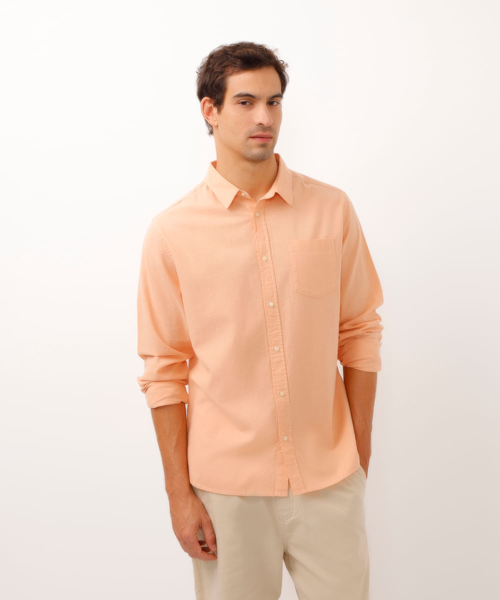 camisa comfort com linho manga longa laranja