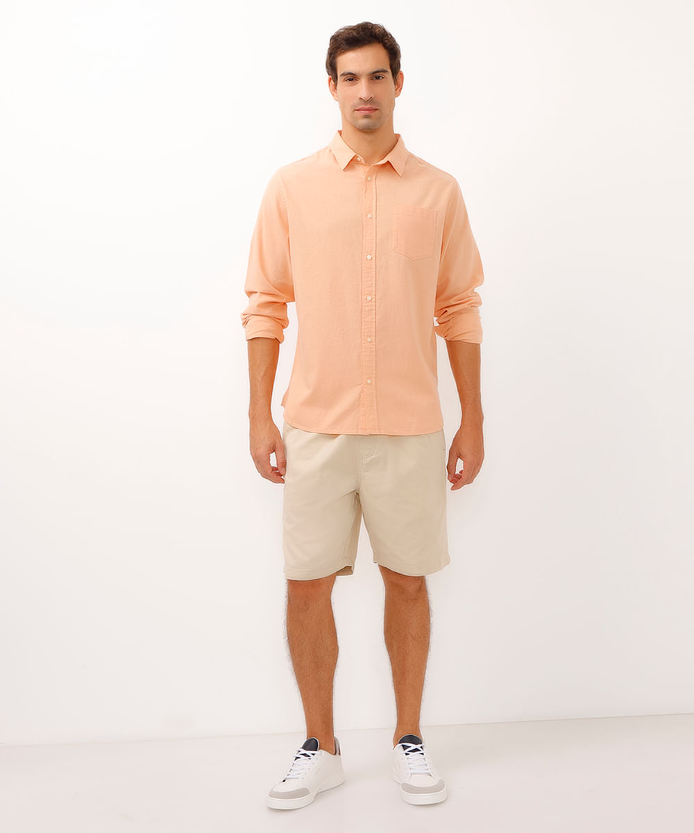 camisa comfort com linho manga longa laranja