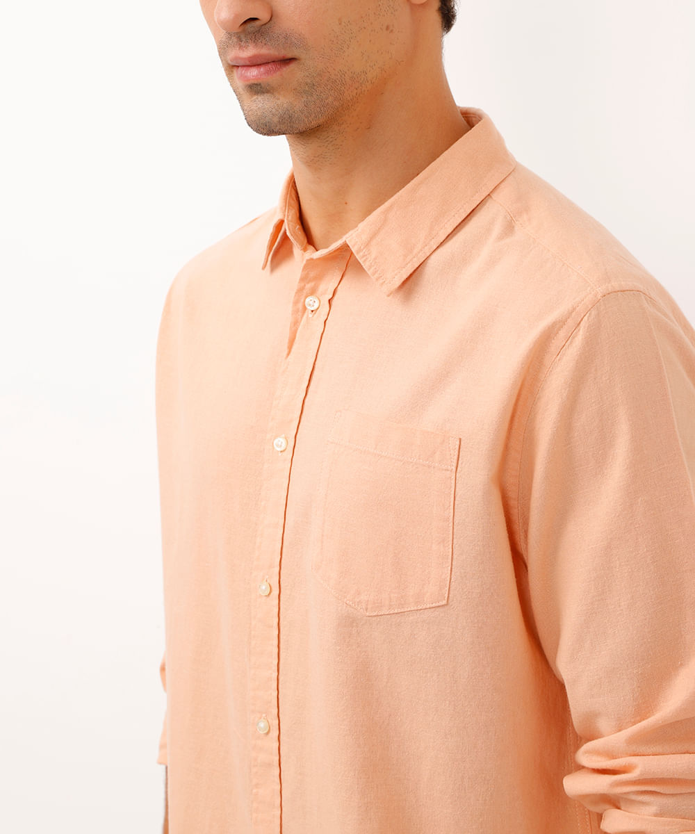 camisa comfort com linho manga longa laranja