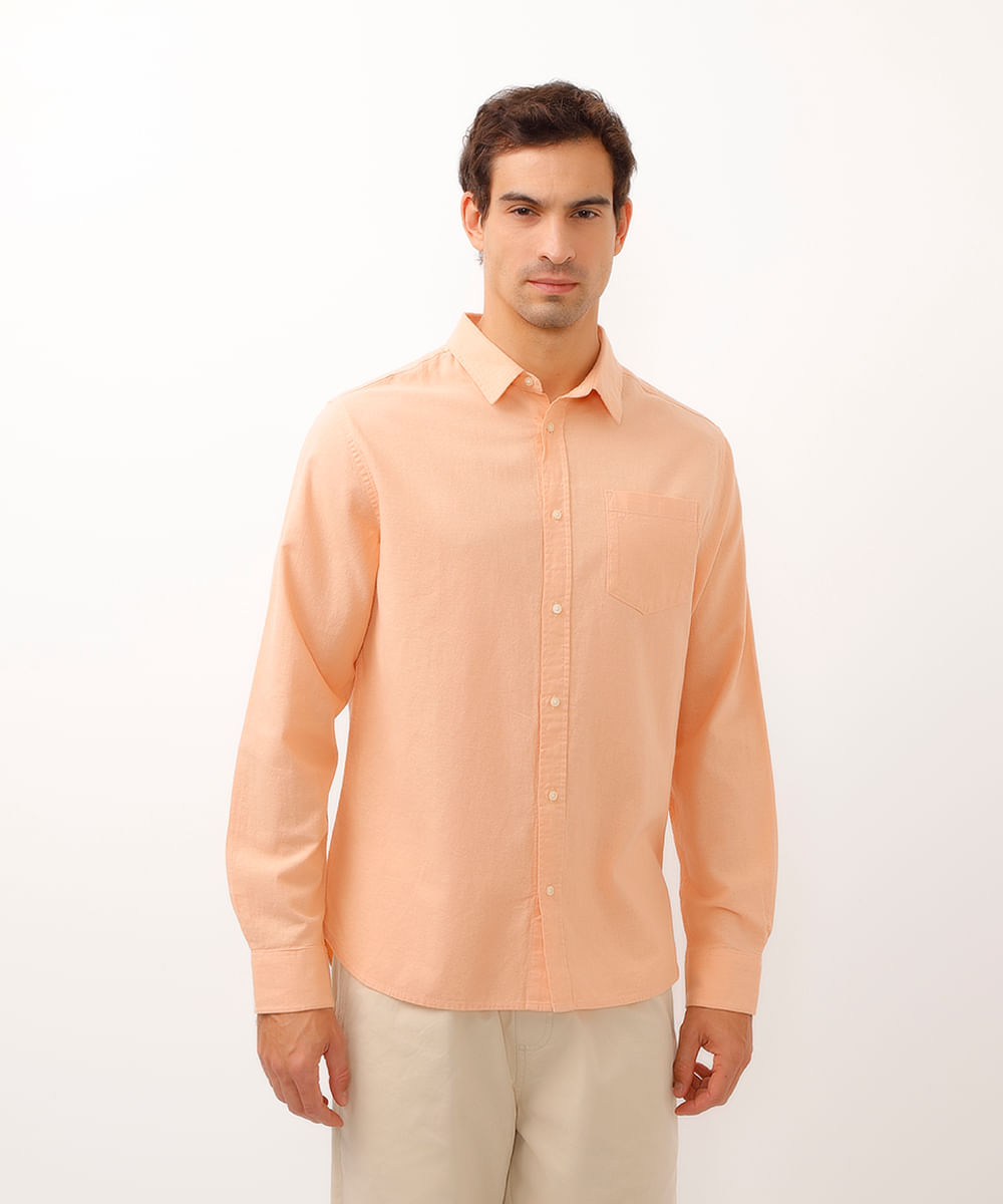 camisa comfort com linho manga longa laranja
