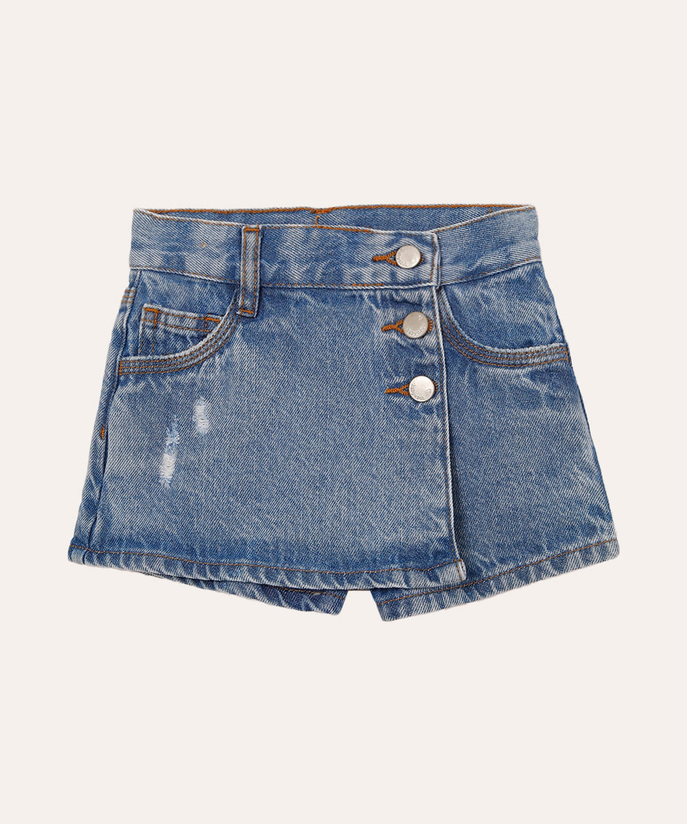 short saia jeans infantil com botões azul