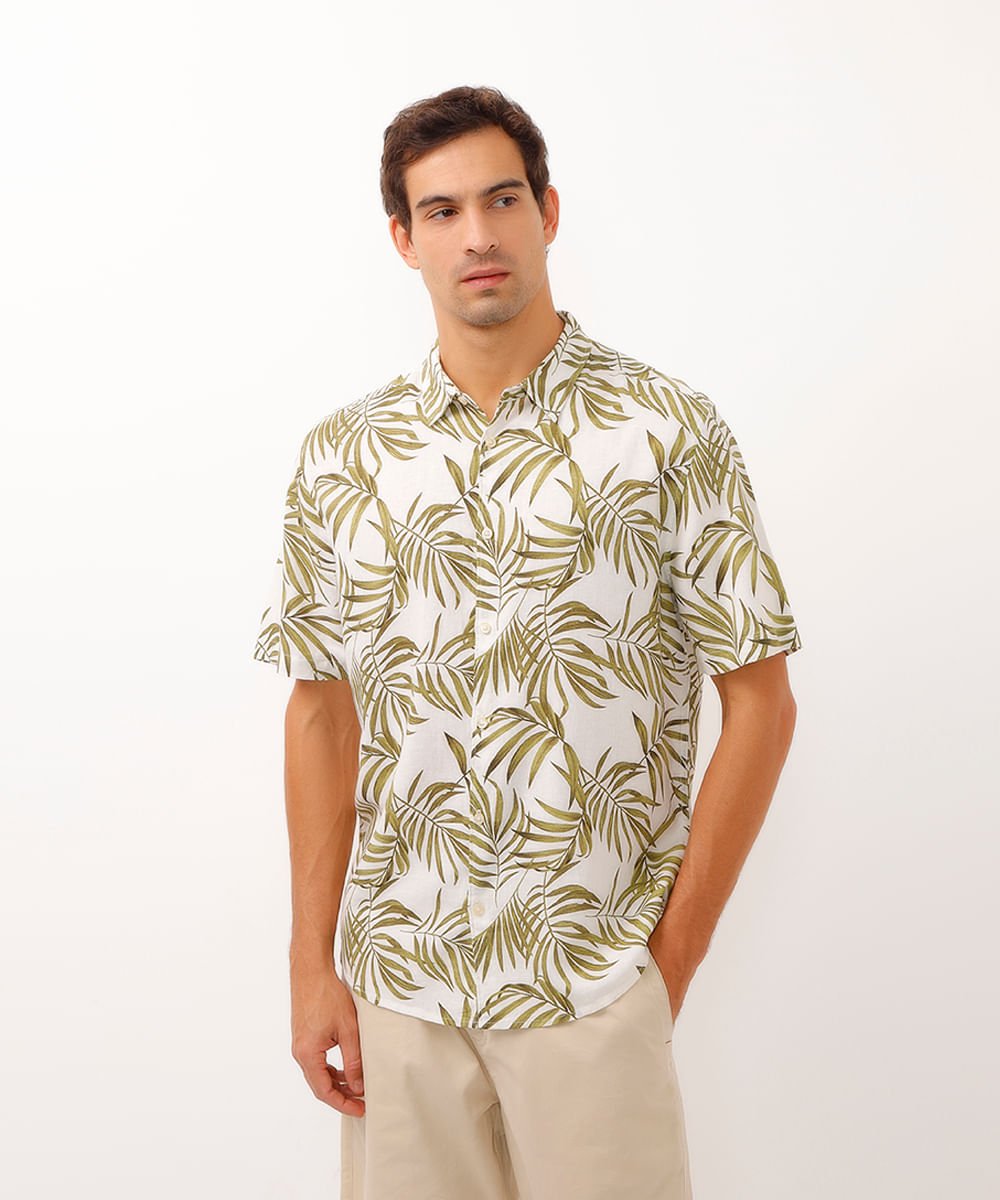 camisa comfort com linho folhagem off white
