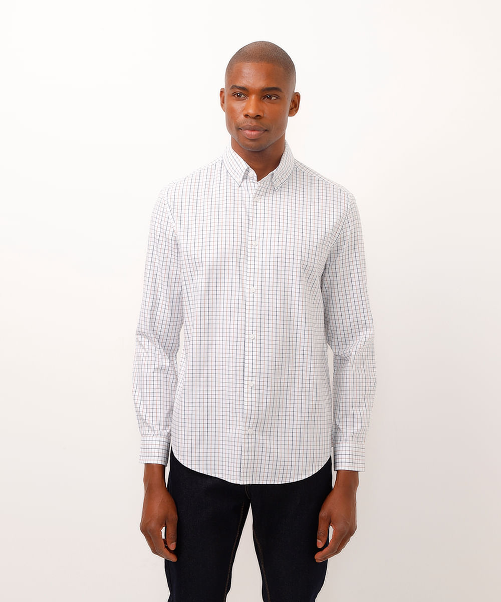 camisa de algodão manga longa xadrez branca