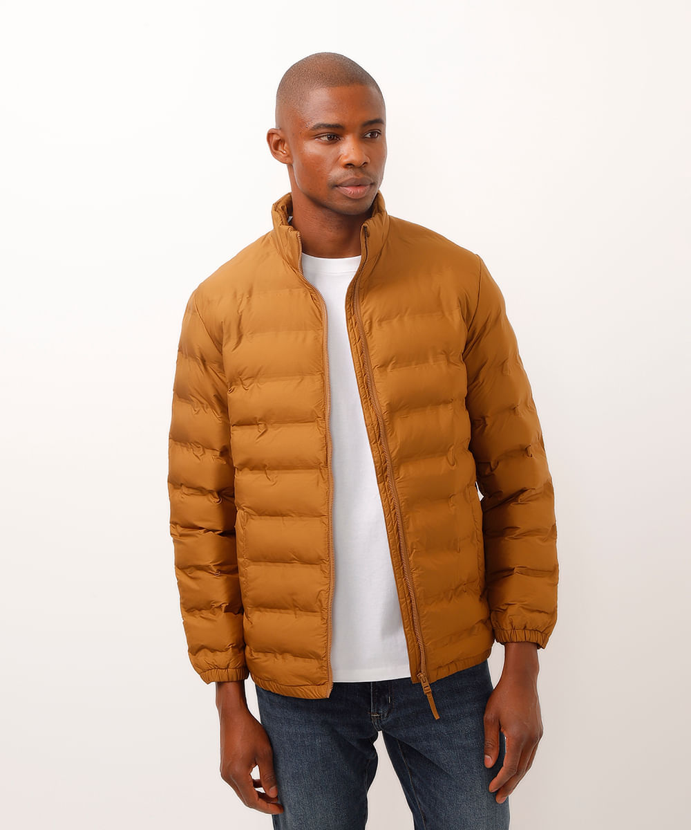 jaqueta puffer bolso com zíper marrom