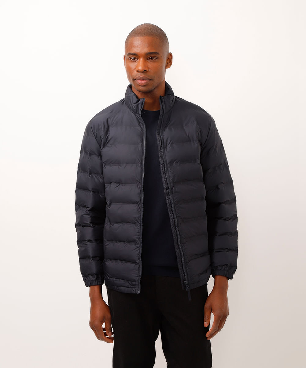 jaqueta puffer bolso com zíper azul marinho