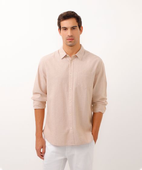 camisa comfort com linho manga longa bege