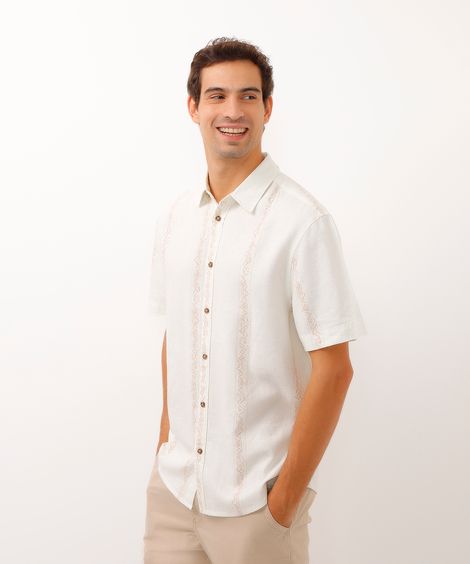 camisa com linho manga curta étnica off white