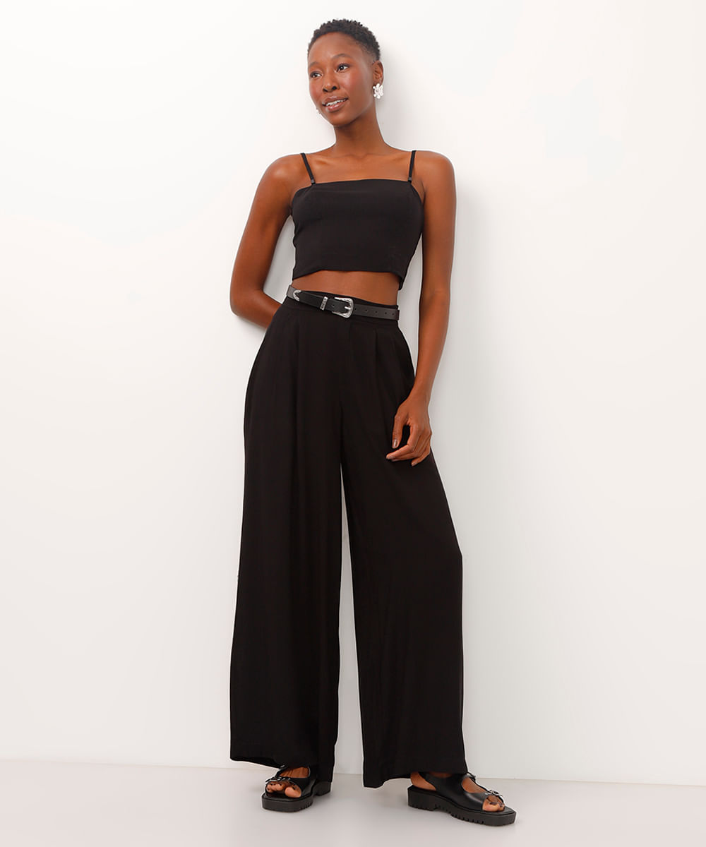 calça pantalona de viscose com bolsos preto