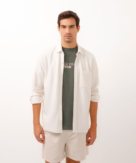 camisa com linho manga longa texturizada off white