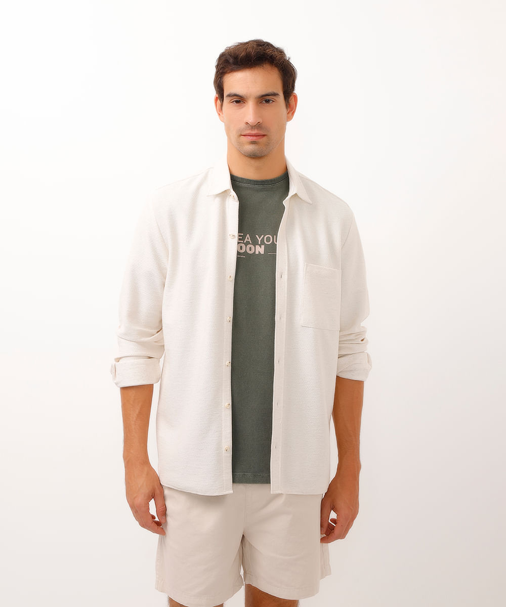 camisa com linho manga longa texturizada off white
