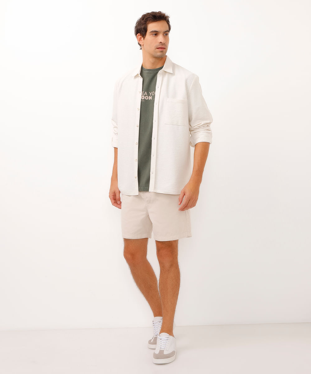 camisa com linho manga longa texturizada off white