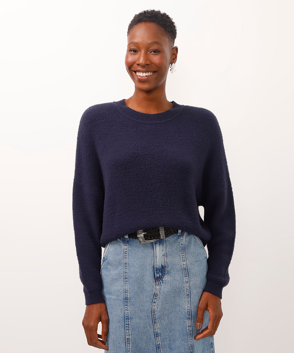 suéter cropped de tricot manga ampla azul marinho