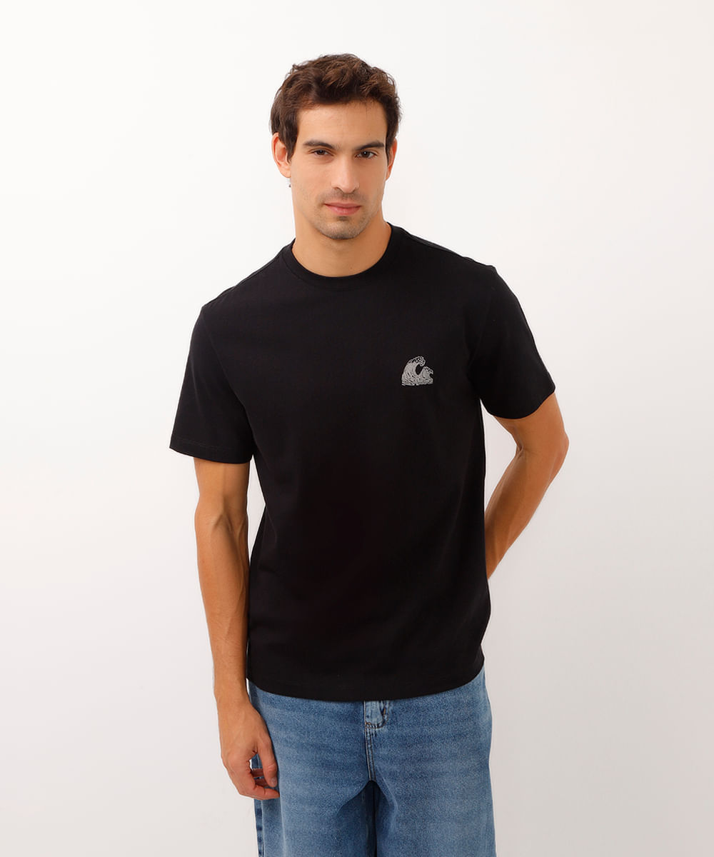 camiseta de algodão manga curta onda preta