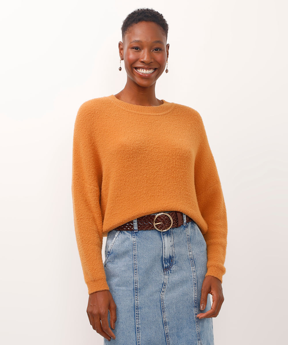 suéter cropped de tricot manga ampla bege