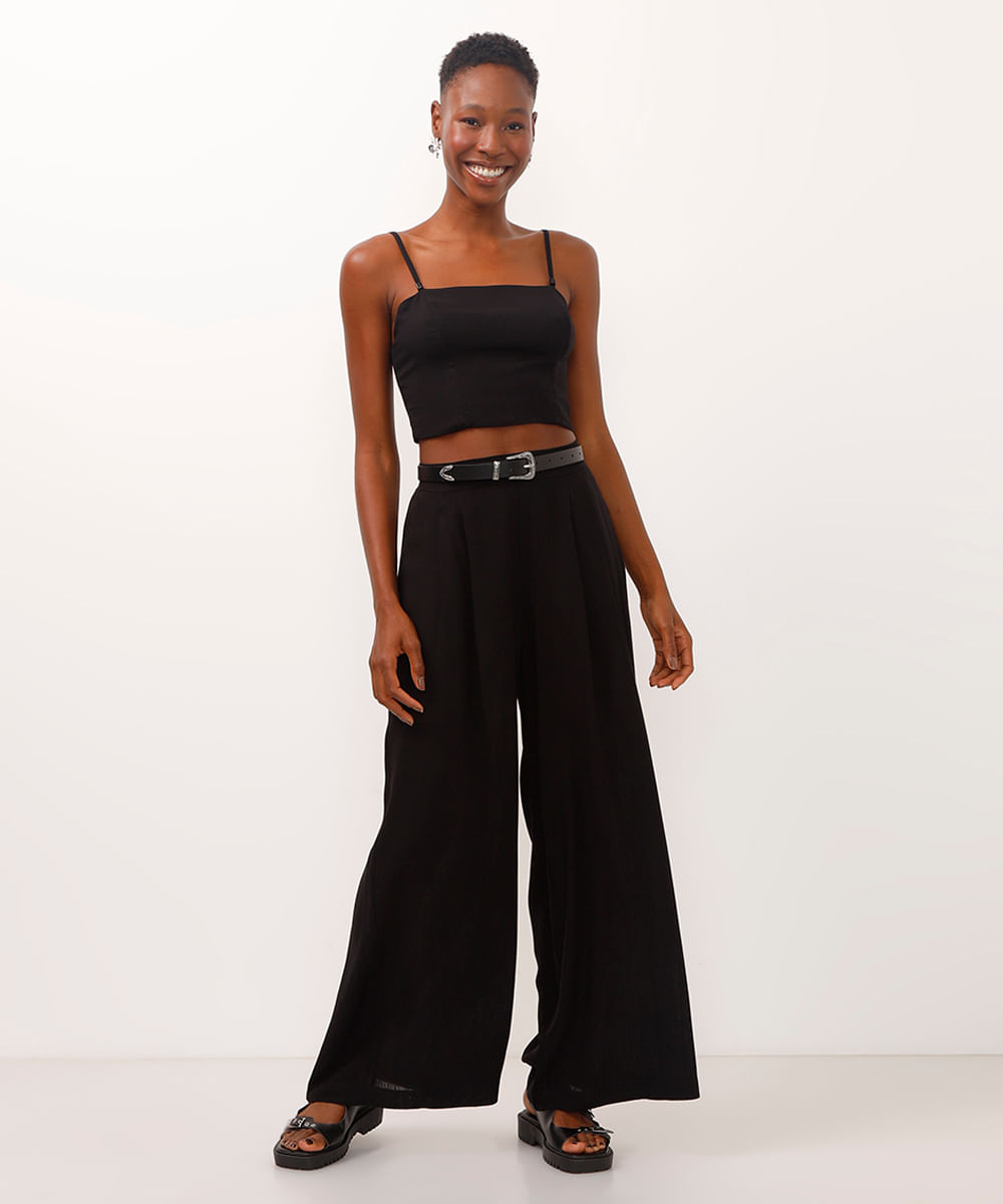 blusa cropped de viscose alça fina preta