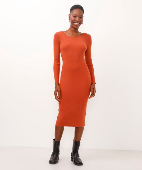 vestido midi de tricot manga longa canelada laranja