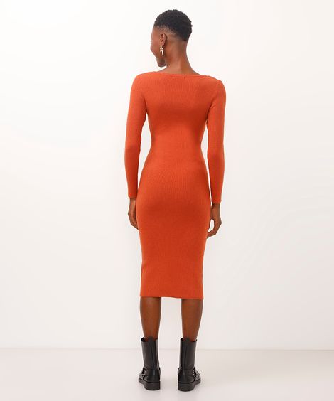 vestido midi de tricot manga longa canelada laranja