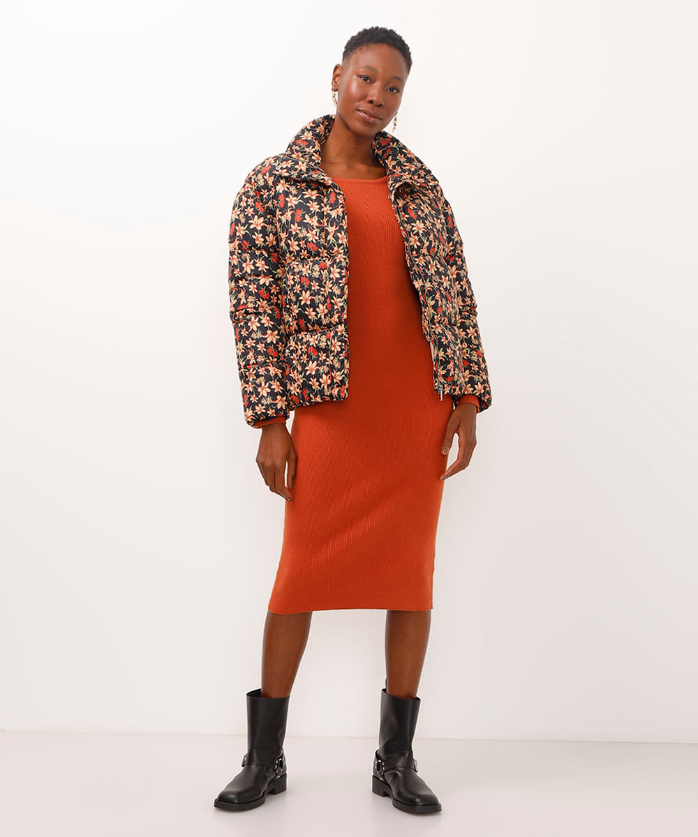 vestido midi de tricot manga longa canelada laranja