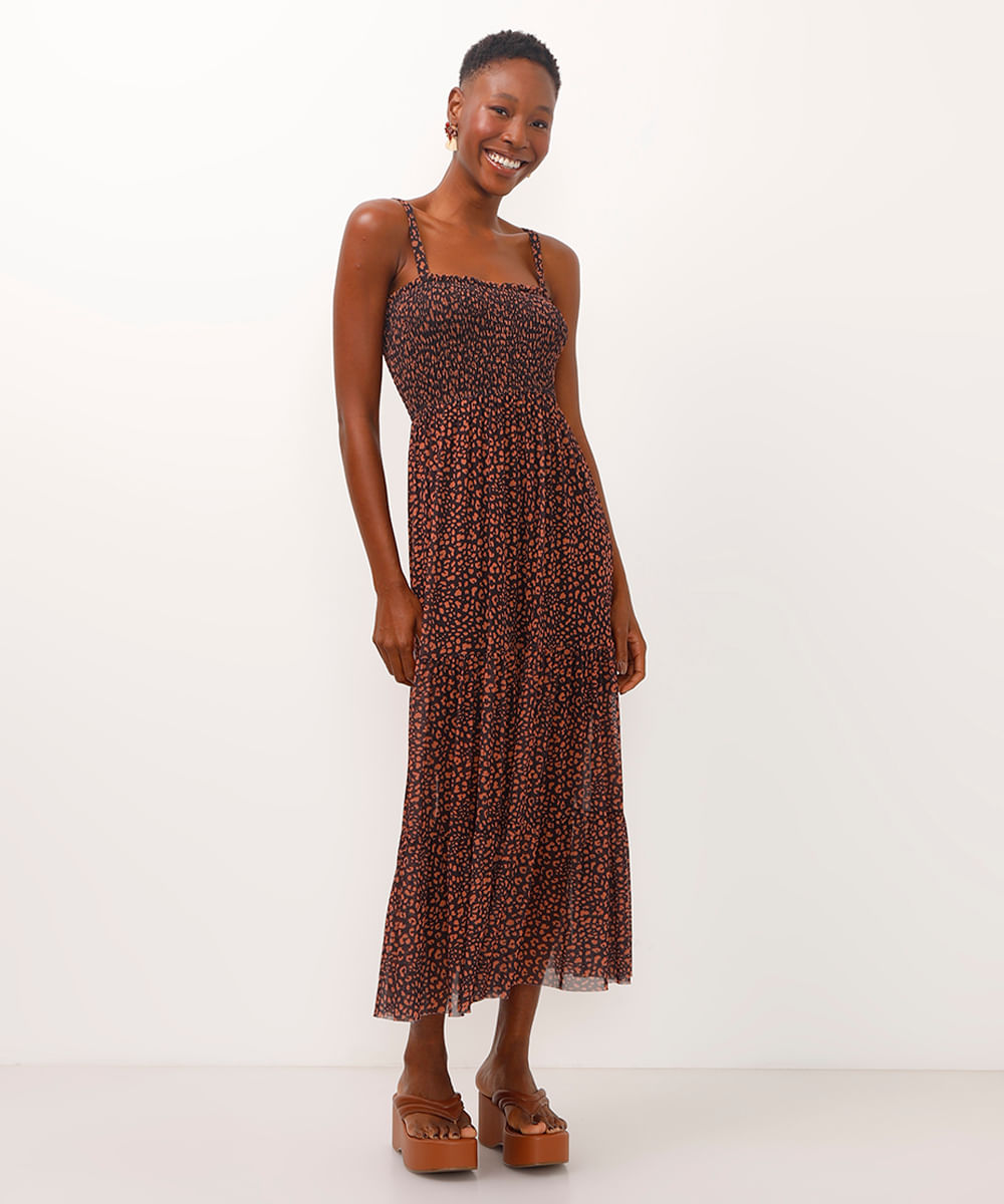 vestido midi de tule alça fina animal print preto
