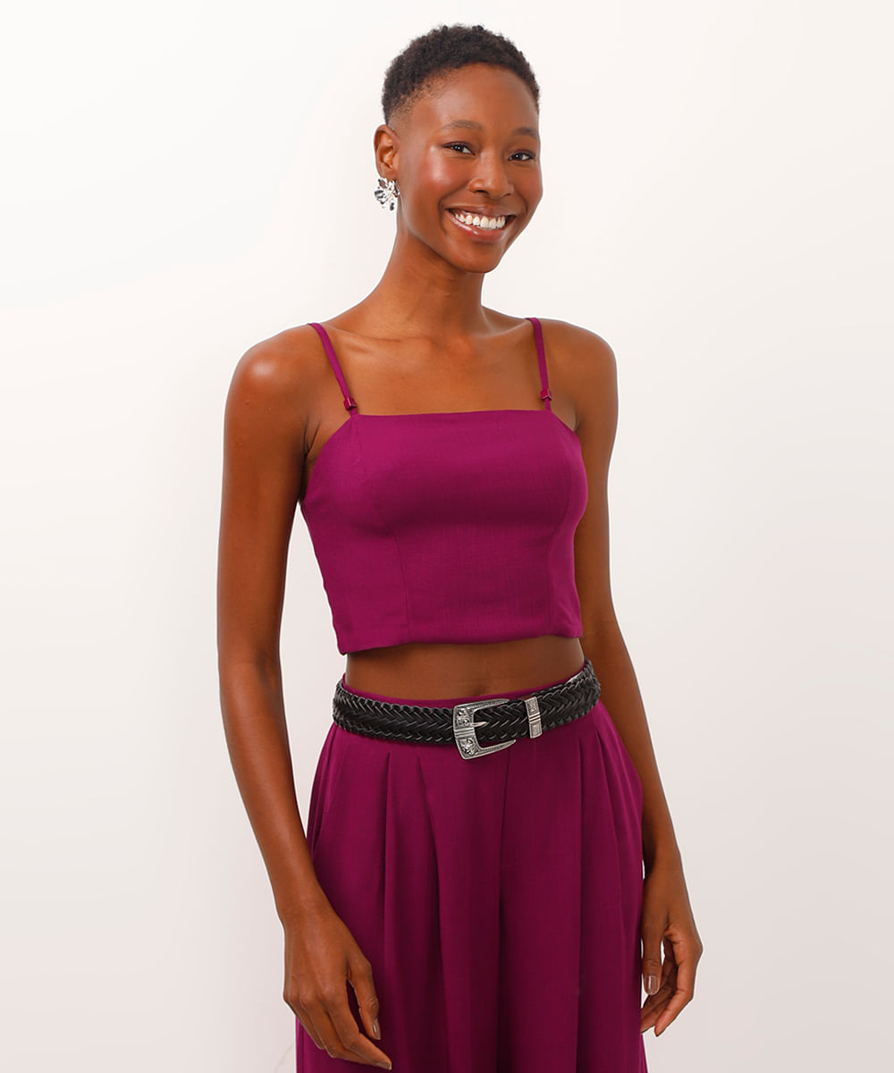 blusa cropped de viscose com alça fina roxo