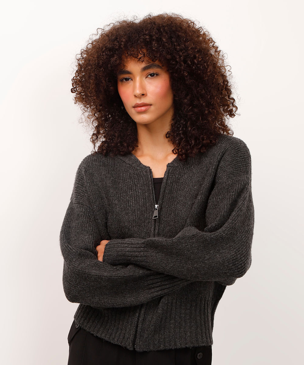 jaqueta bomber de tricot cinza