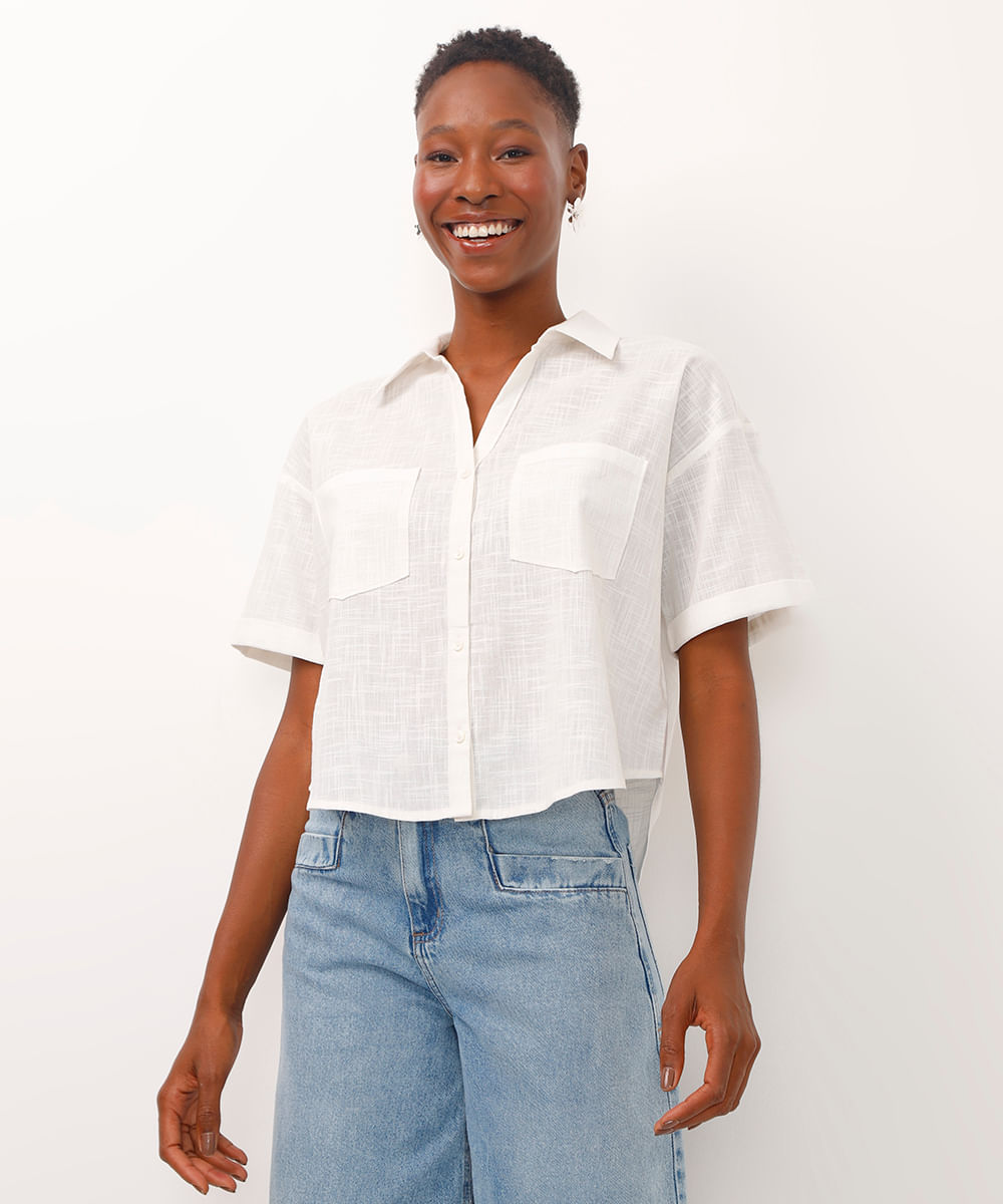 camisa cropped de algodão com bolsos off white