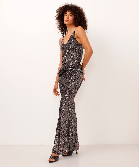 calça flare de paête cintura alta preta