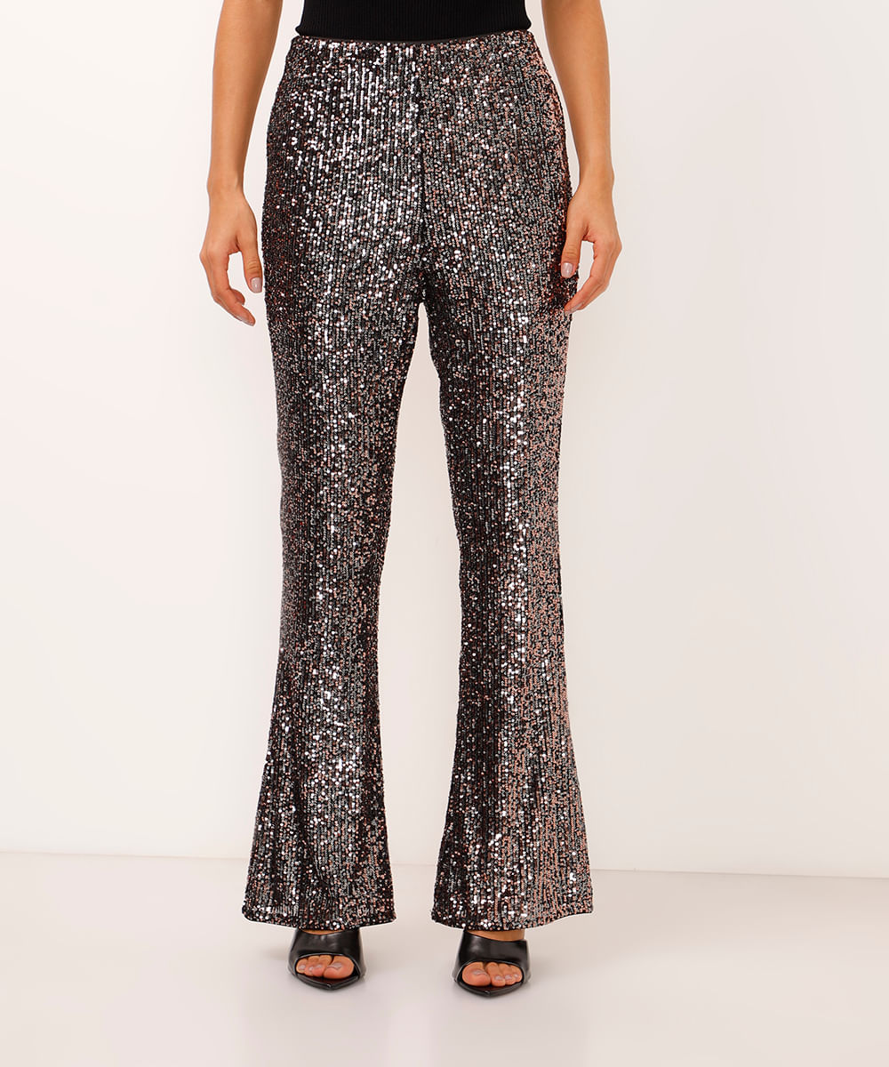 calça flare de paête cintura alta preta
