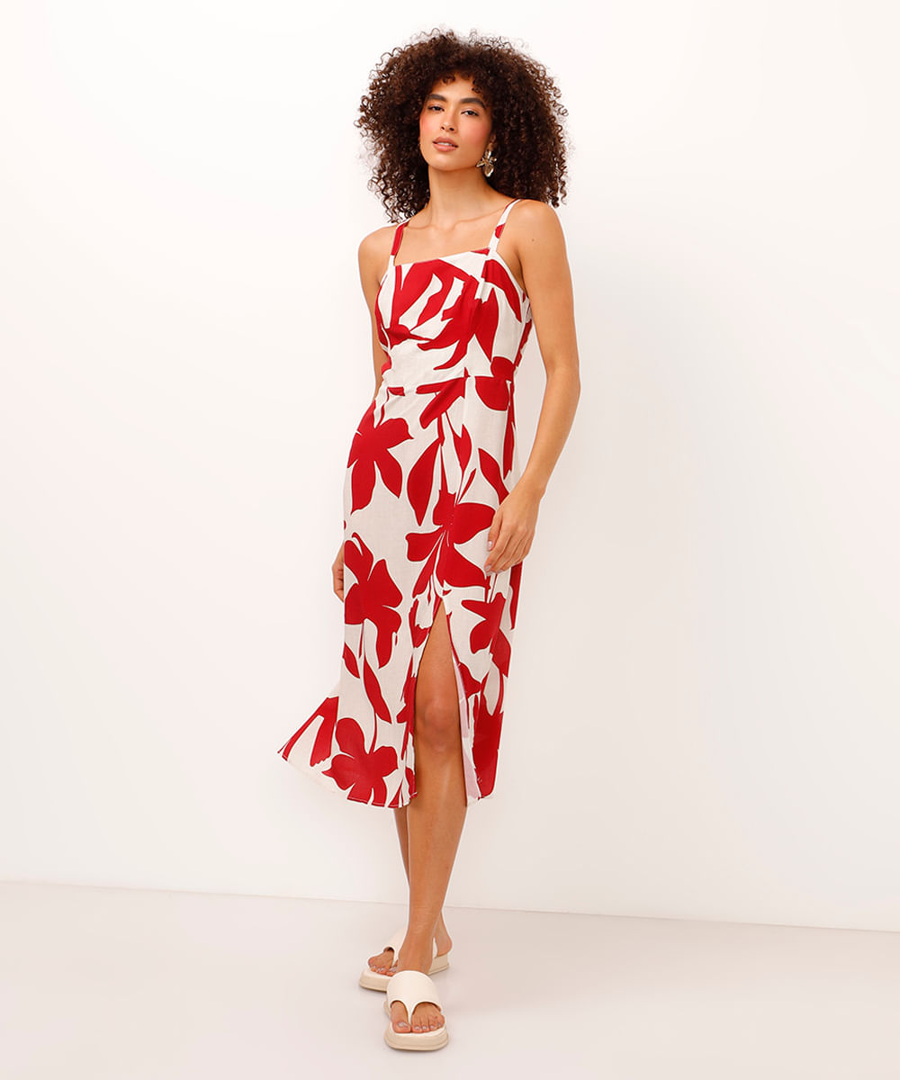 vestido midi de viscose com fenda folhagem off white