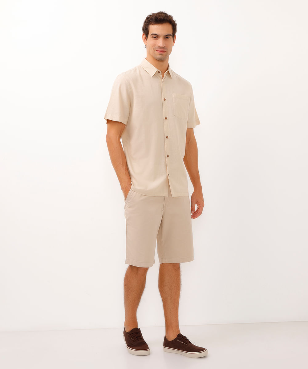 camisa de algodão manga curta com bolso bege