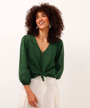 blusa bata de algodão manga bufante com arabesco verde