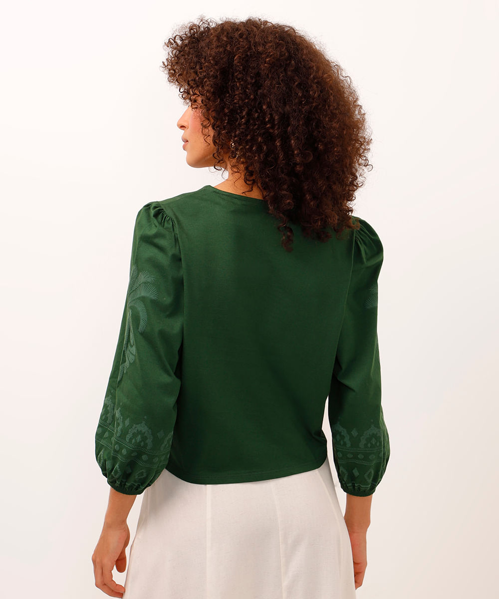 blusa bata de algodão manga bufante com arabesco verde