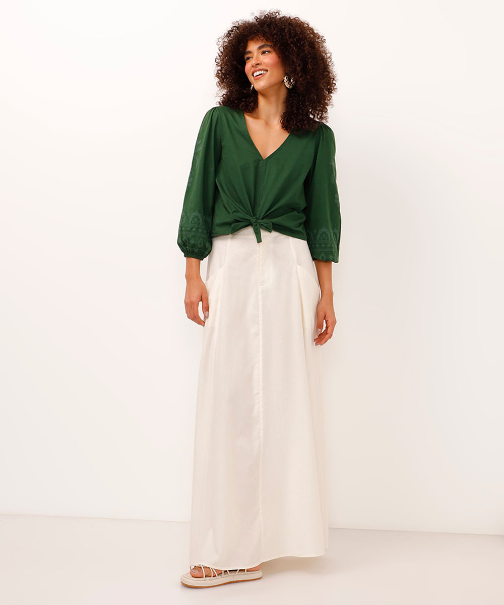 blusa bata de algodão manga bufante com arabesco verde