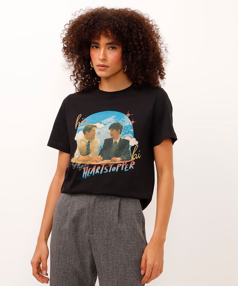 camiseta de algodão manga curta heartstopper preta