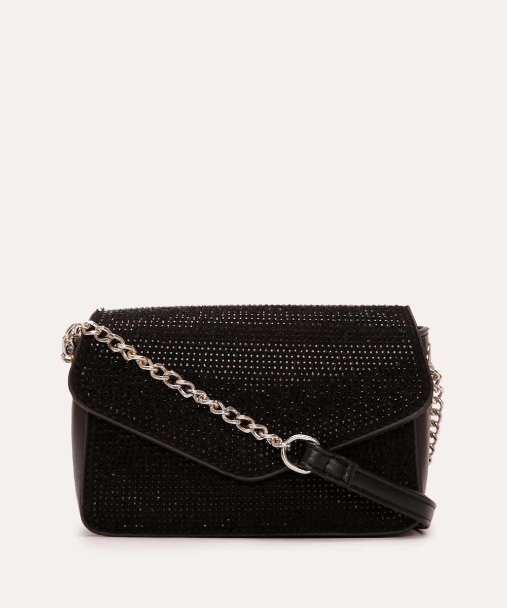 bolsa crossbody com brilho e corrente preta