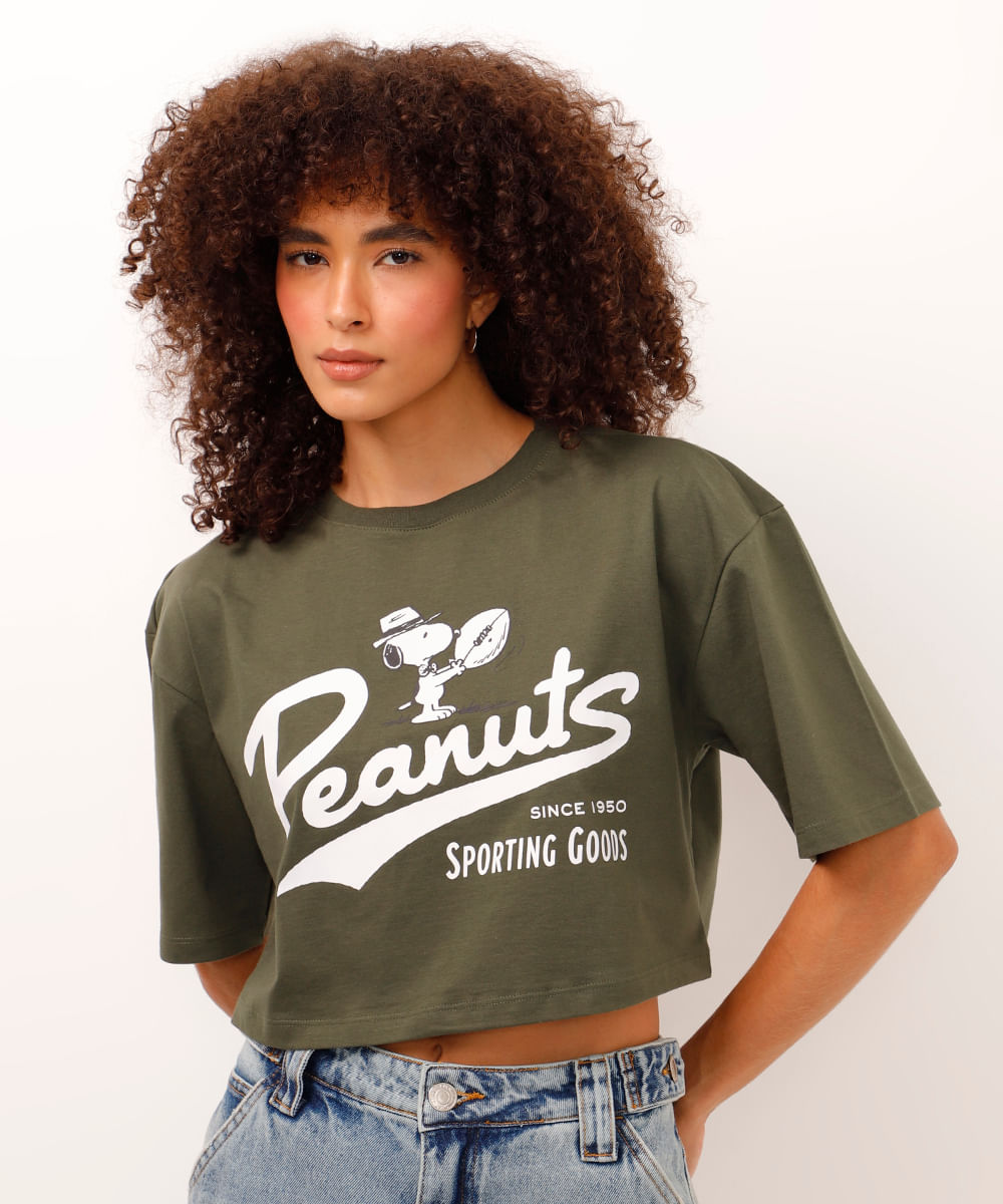 camiseta cropped de algodão snoopy verde