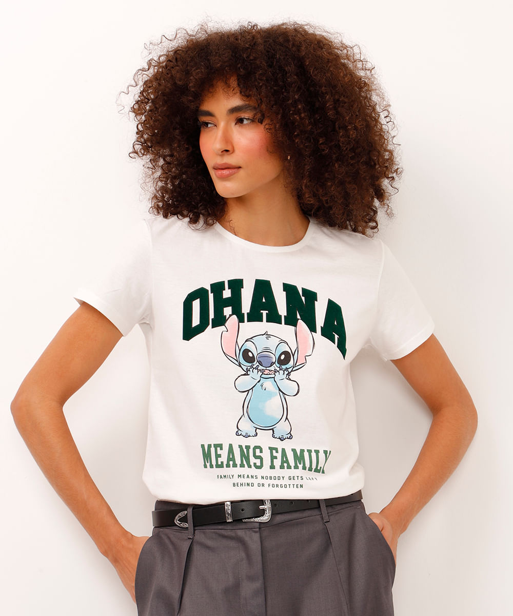camiseta de algodão manga curta ohana stitch off white