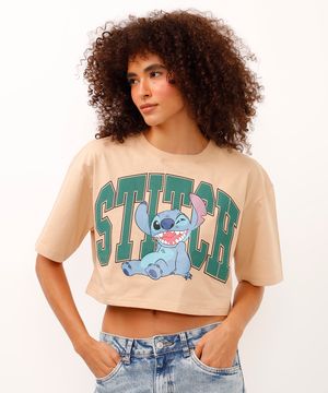camiseta cropped de algodão stitch bege