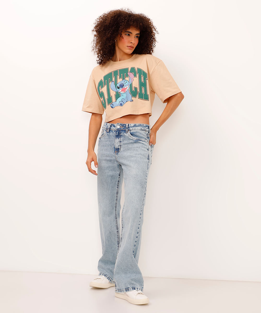 camiseta cropped de algodão stitch bege