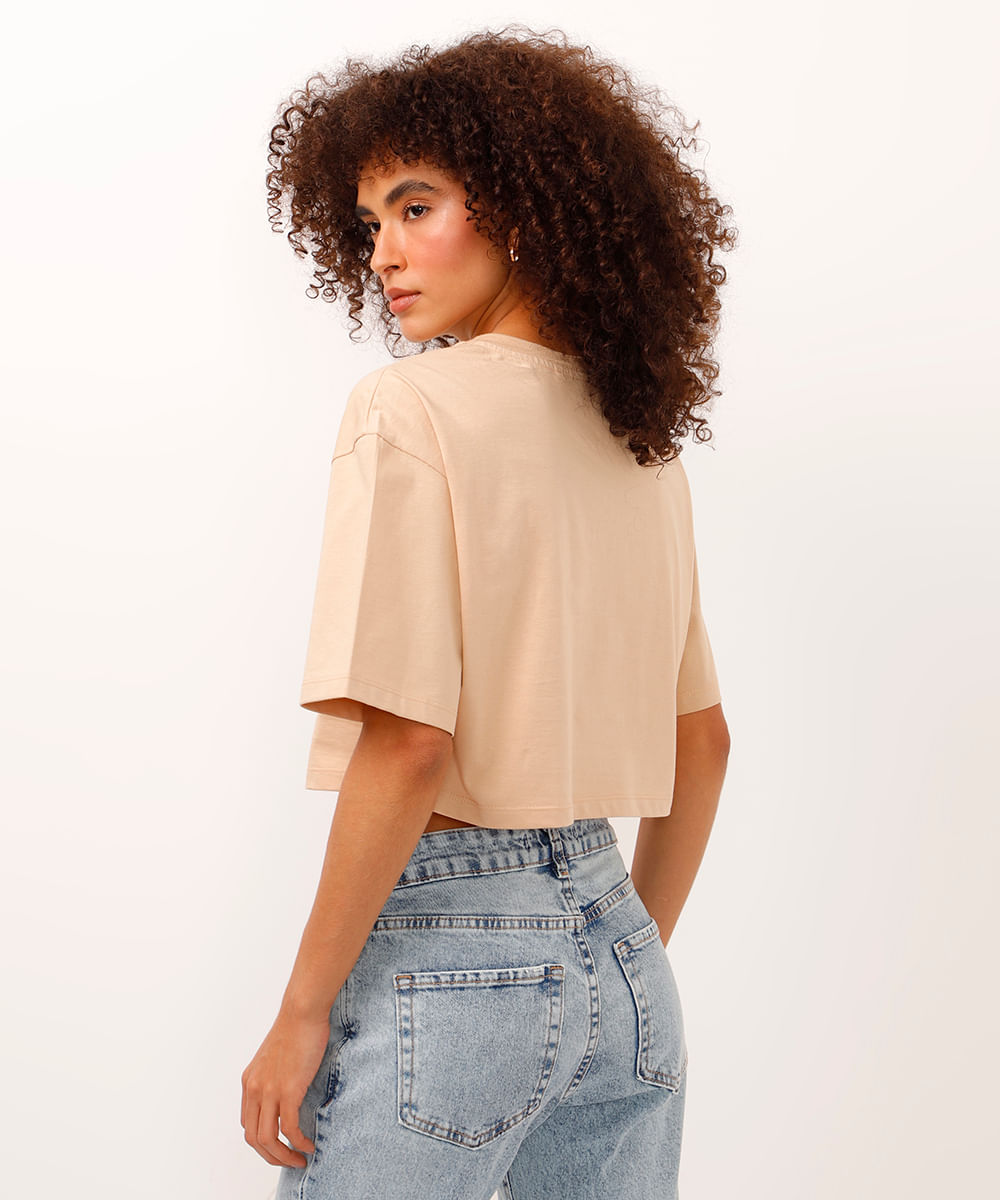 camiseta cropped de algodão stitch bege
