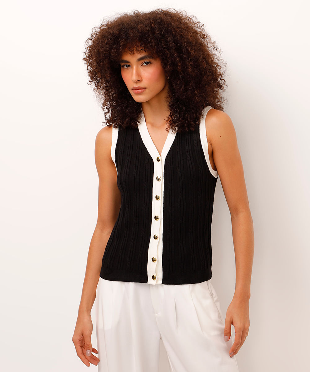 colete de tricot bicolor com botões preto
