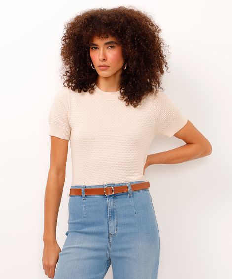 blusa de tricot manga curta texturizada bege